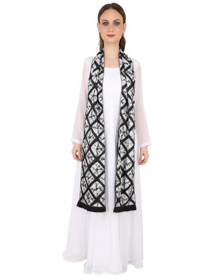 Black & White Habutai Silk Stole with All Over Metallic Piping & Frill 