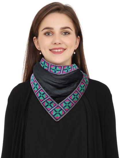 black-raw-silk-winter-scarf-with-green--pink-woven-border