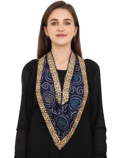 blue-chanderi-bandhani-scarf-with-gold--silver-gota-border--string-of-beading-at-the-back-
